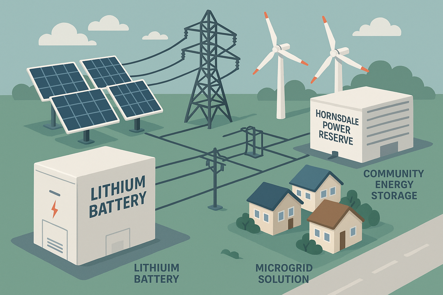 Depiction of a smart grid powered by lithium batteries with solar panels, wind turbines, and community energy storage systems including Tesla’s Hornsdale Power Reserve, microgrids in remote areas, illustrating stable and resilient energy supply.