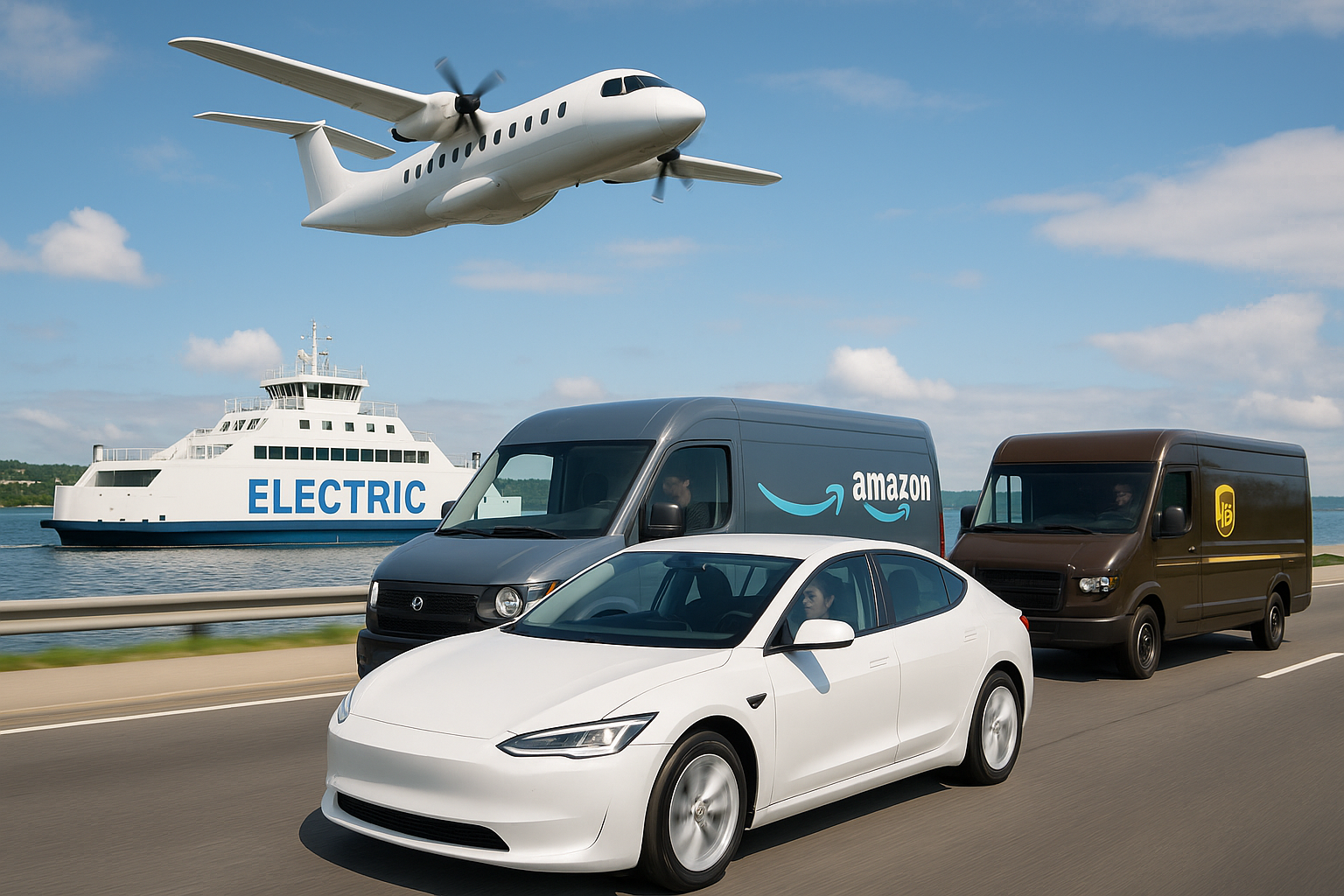 Scene showing electric vehicles on the road, delivery vans from companies like Amazon and UPS, electric planes and ferries, symbolizing the clean energy revolution and the reduction of fossil fuel dependence.