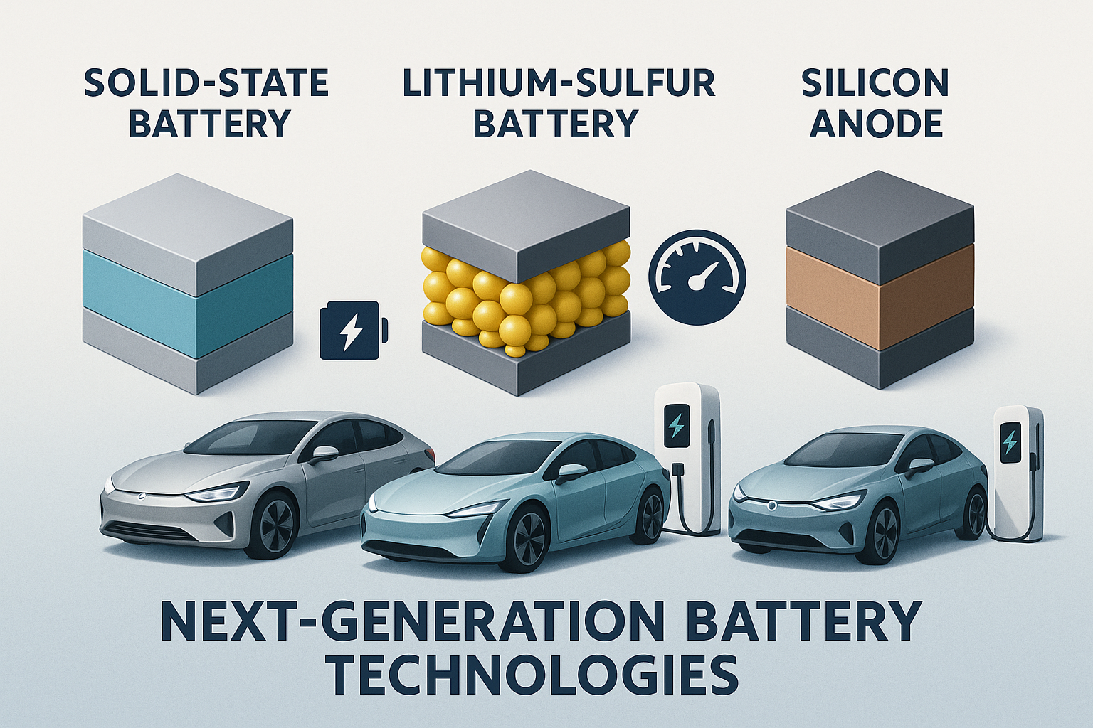 Visual representation of next-generation battery technologies including solid-state batteries, lithium-sulfur batteries, and silicon anodes with futuristic cars and charging stations emphasizing extended range and fast charging.