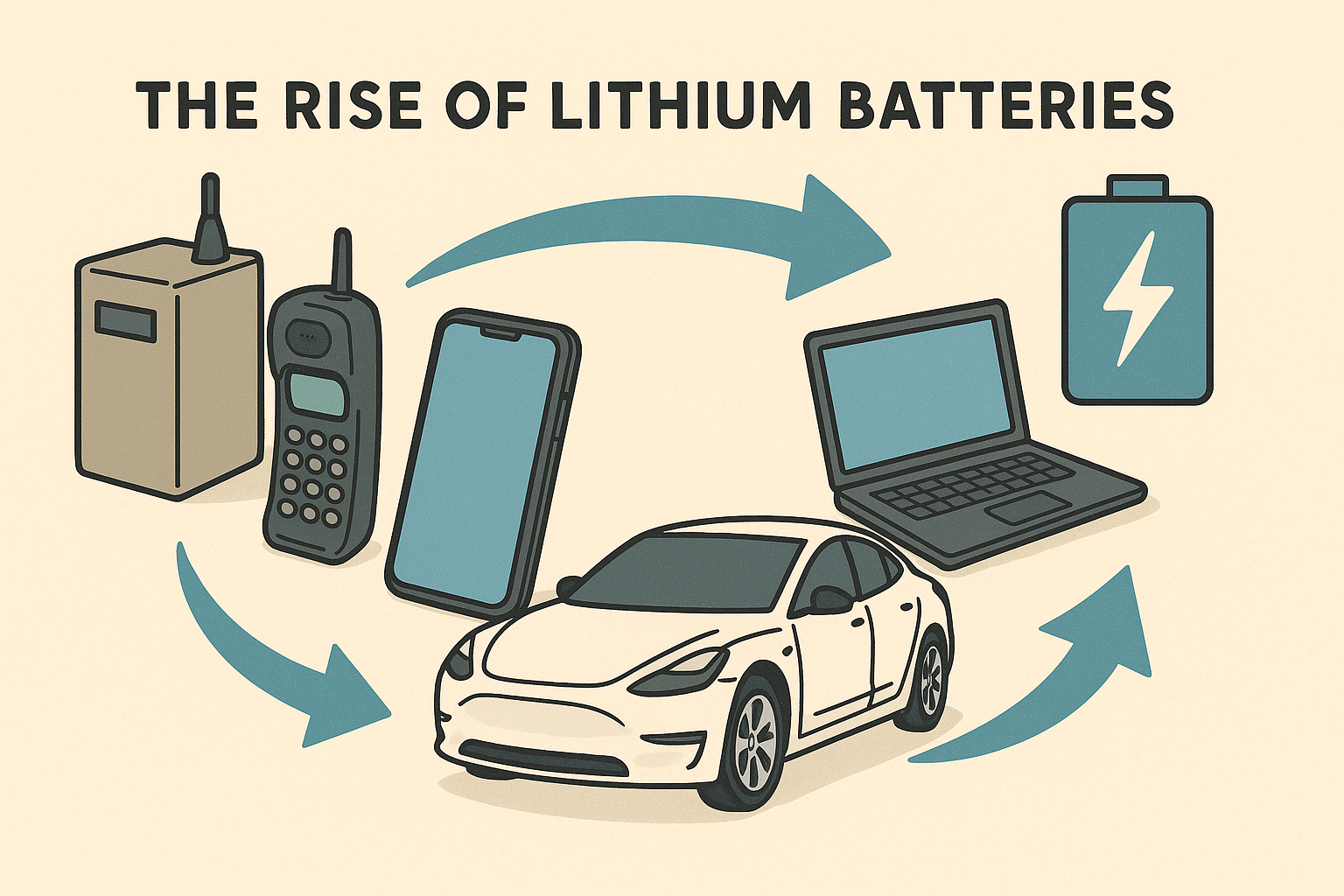 Illustration of the evolution and impact of lithium batteries, featuring devices like smartphones, laptops, and electric vehicles (Tesla) highlighting the rise from bulky tech to modern portable energy.